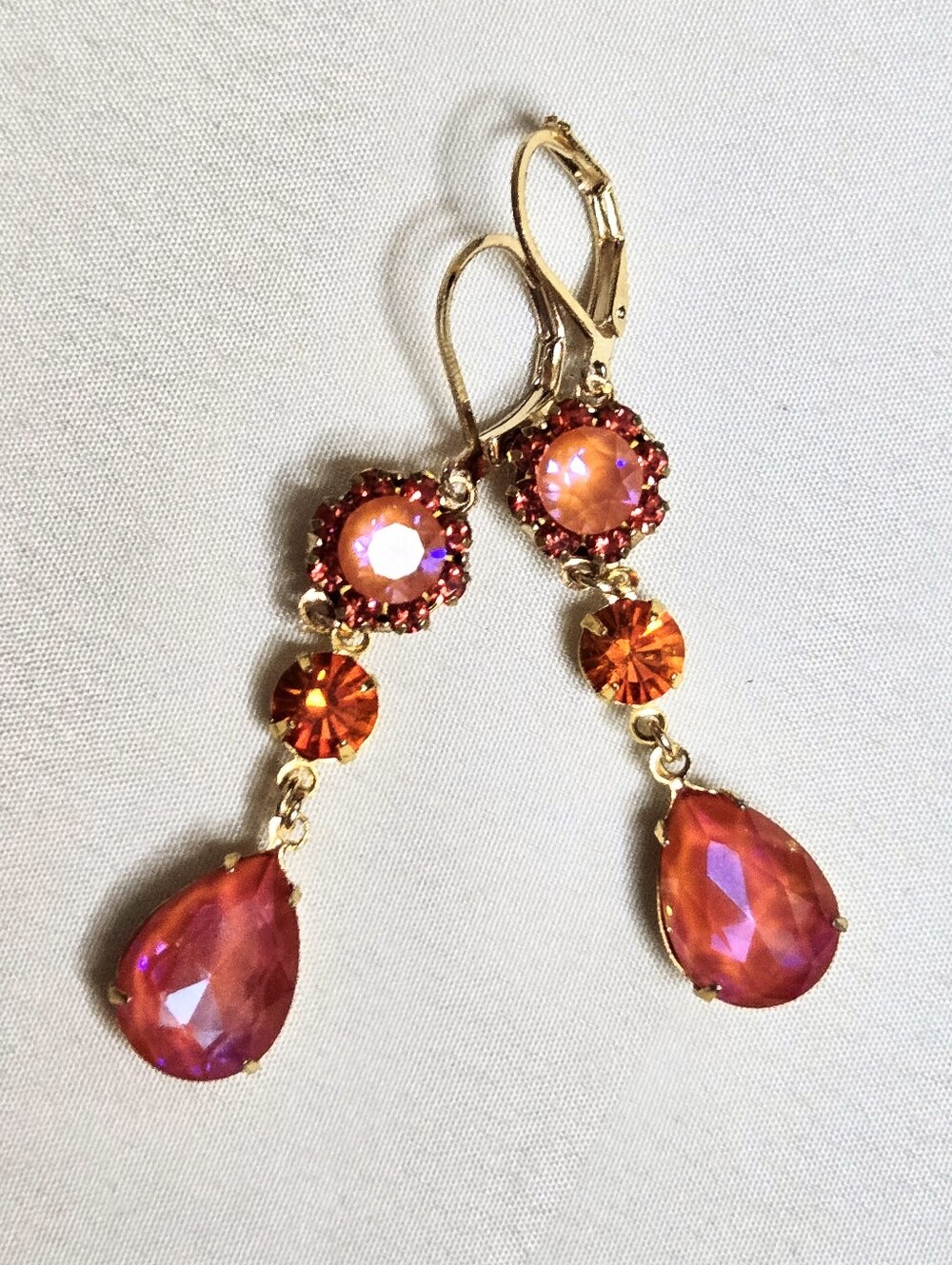 Victorian Lush Orange Swarovski Crystals In Artisan-made Gold Plated Earrings
